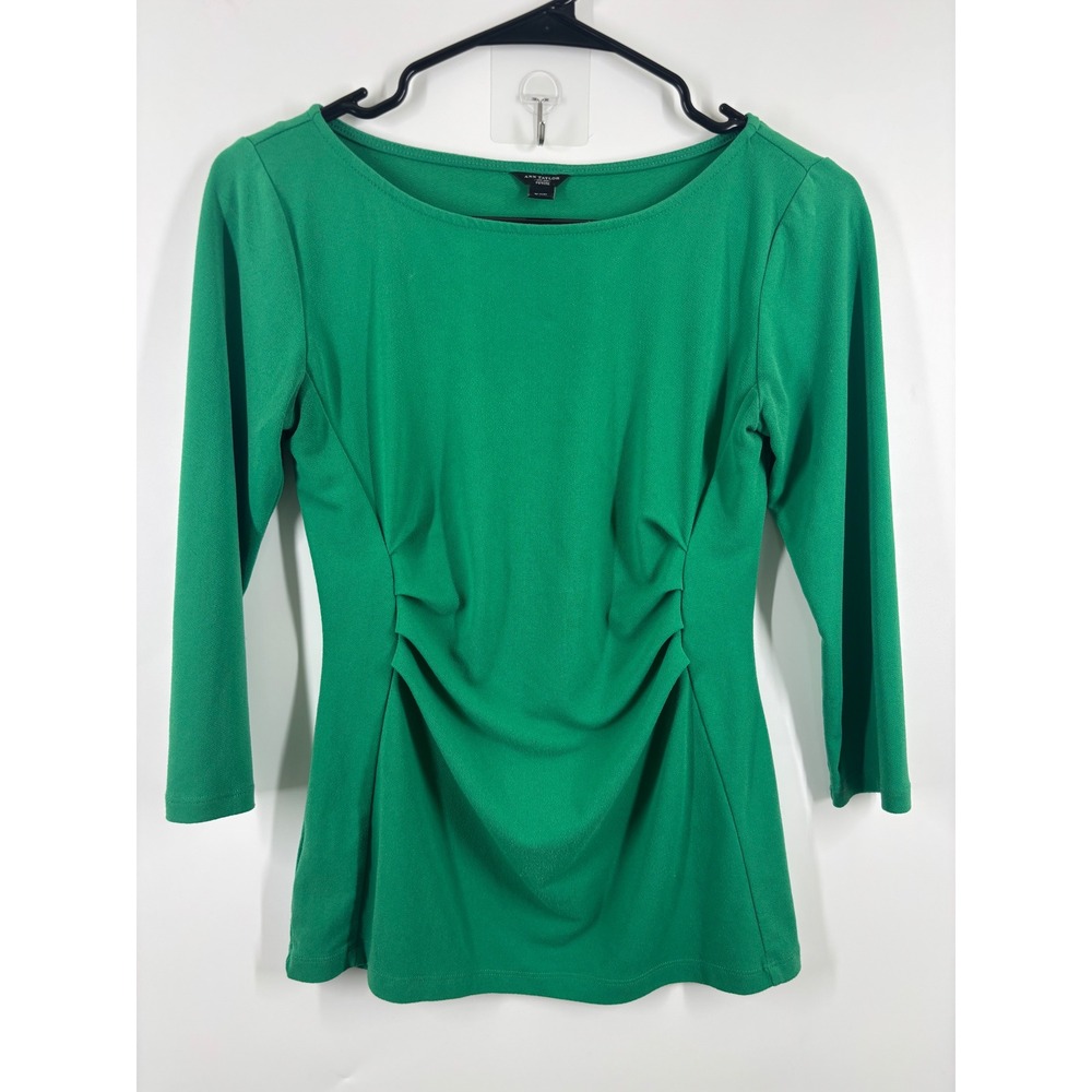 Ann Taylor Green Ruched Side Boat Neck 3/4 Sleeve Blouse Petite XS
